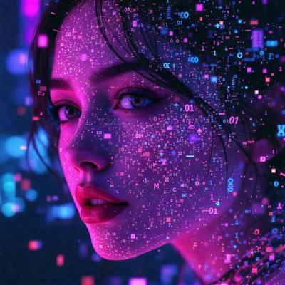 The primary subject of the image is a woman with a pouty lip, who is the main focus of the image. She is wearing a necklace and is surrounded by a colorful, digital art-like background. The visual style of the image is a combination of photo and digital art, creating a unique and vibrant atmosphere. The colors and mood of the image are predominantly pink and purple, giving it a feminine and lively feel.
